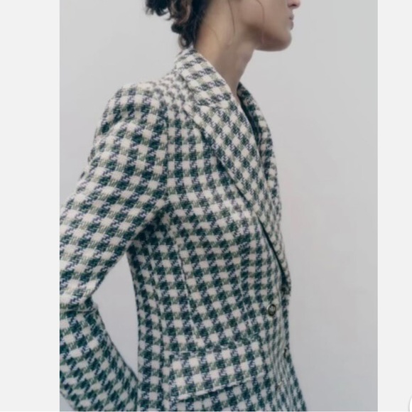 Zara Double Breasted Houndstooth Tweed Blazer Jacket Ivory Navy Green Small - Picture 3 of 14
